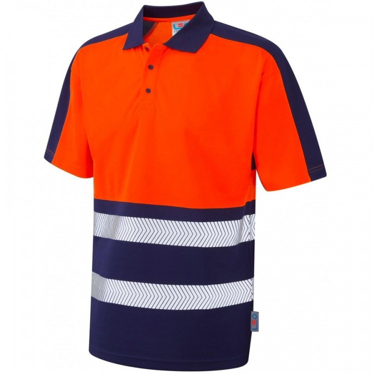 Leo Workwear P10-ONV Watersmeet EcoViz Coolviz Plus Hi Vis Polo Shirt Class 1 Orange/Navy